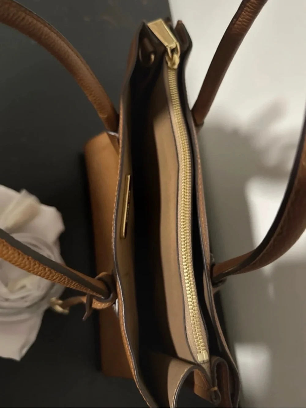Michael Kors Cognac Pebbled Leather Satchel with Gold Hardware Mercer Large